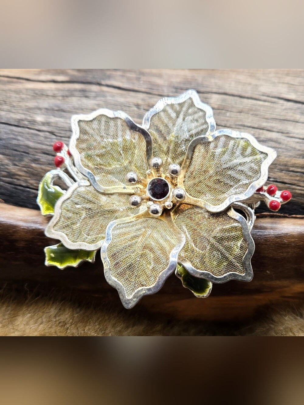 Kenneth Cole Floral Mesh Brooch w/ Green & Red Enamel Accents